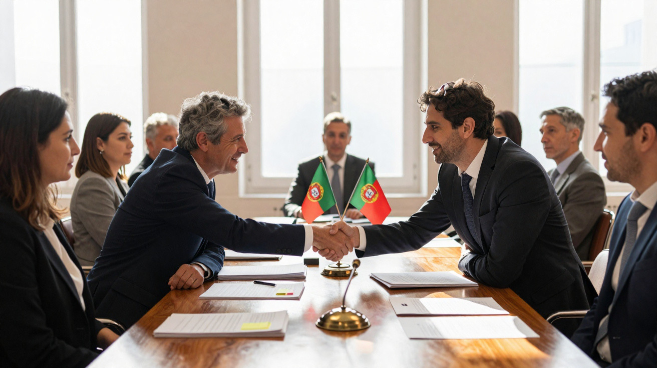 Duas equipas de negócios a apertar as mãos numa reunião formal com bandeiras de Portugal na mesa.