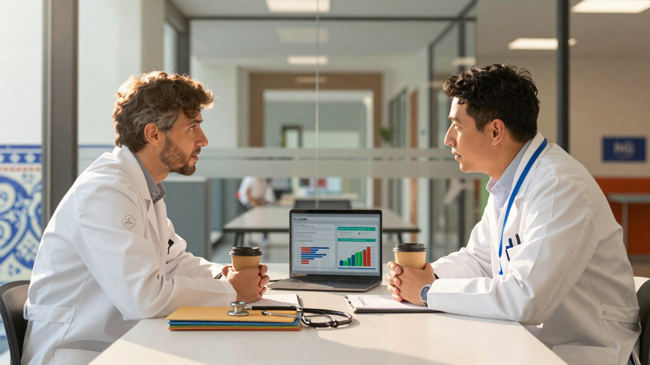 Dois médicos sentados frente a frente, com laptop e gráficos, Bebendo café numa sala clara e moderna.