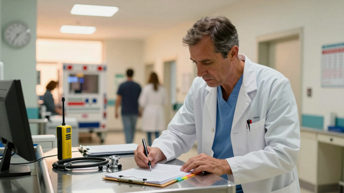 Médico de bata branca escreve relatório médico numa secretária num ambiente hospitalar moderno.