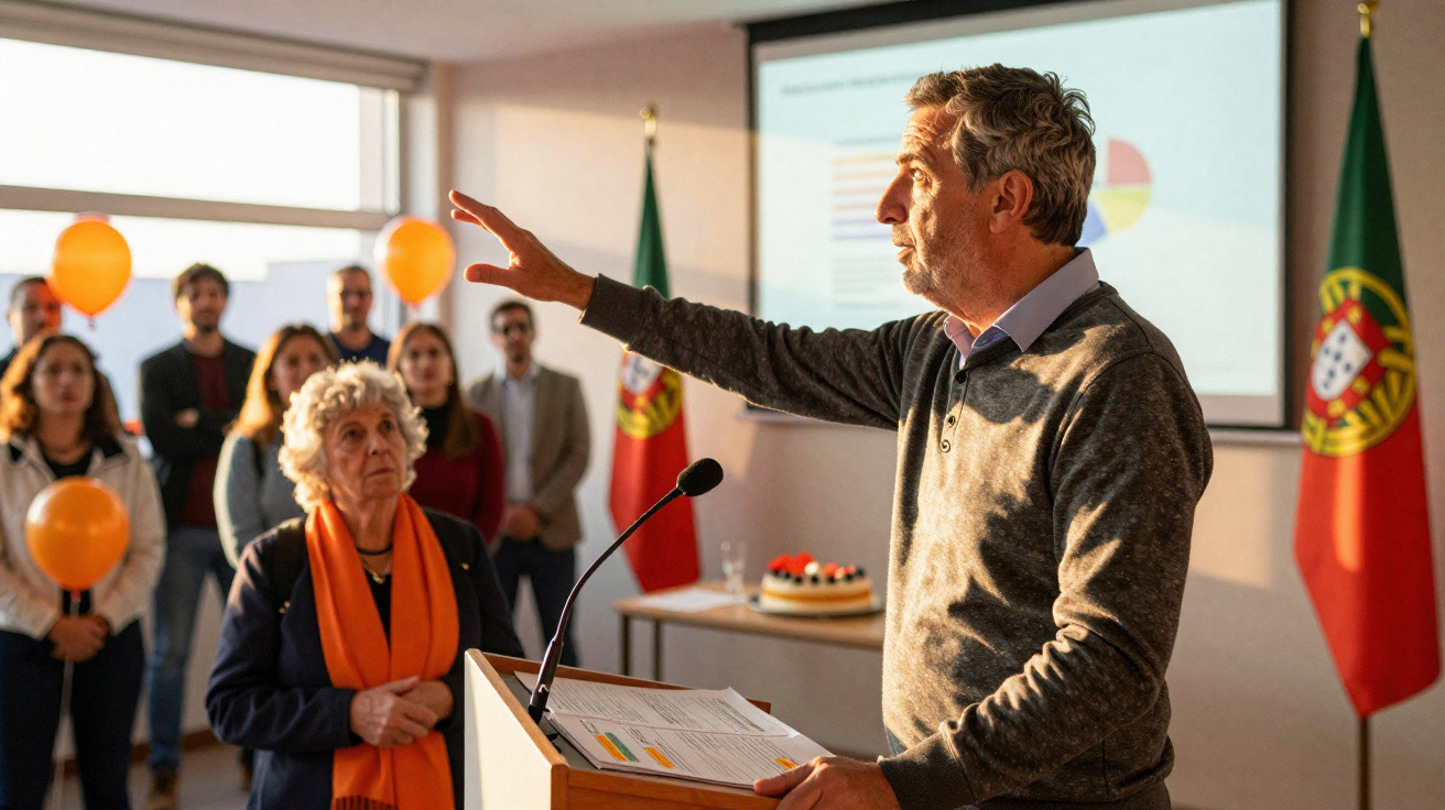 Homem a falar num pódio perante audiência com bandeiras de Portugal e balões laranja na sala.