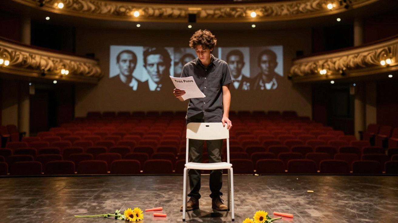 Jovem a ler um texto em palco de teatro vazio com fotos históricas projetadas ao fundo.