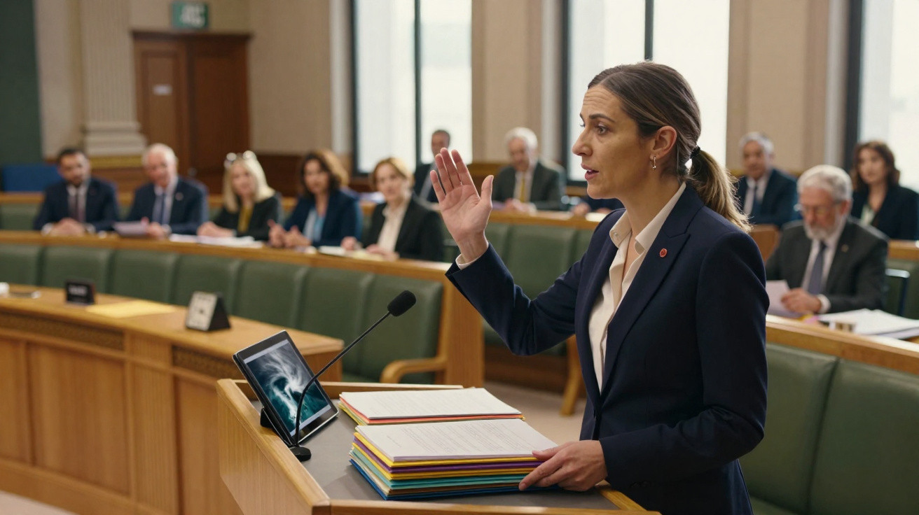 Mulher levanta a mão a jurar durante sessão formal num parlamento com audiência ao fundo.