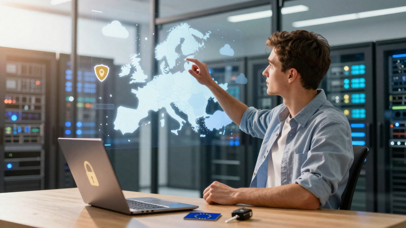 Homem a interagir com mapa digital da Europa em escritório tecnológico com computador portátil aberto.