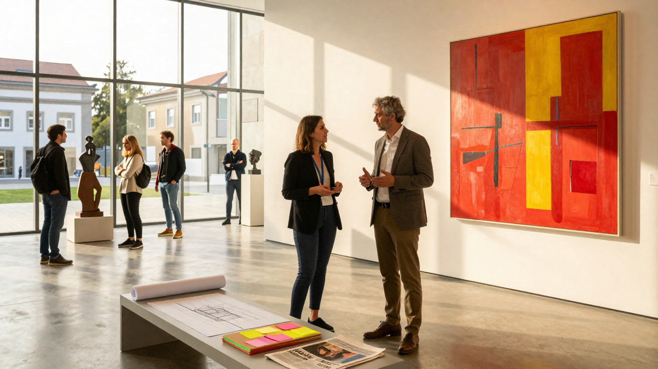 Pessoas a conversar e apreciar arte numa galeria moderna com obras coloridas e esculturas em exposição.