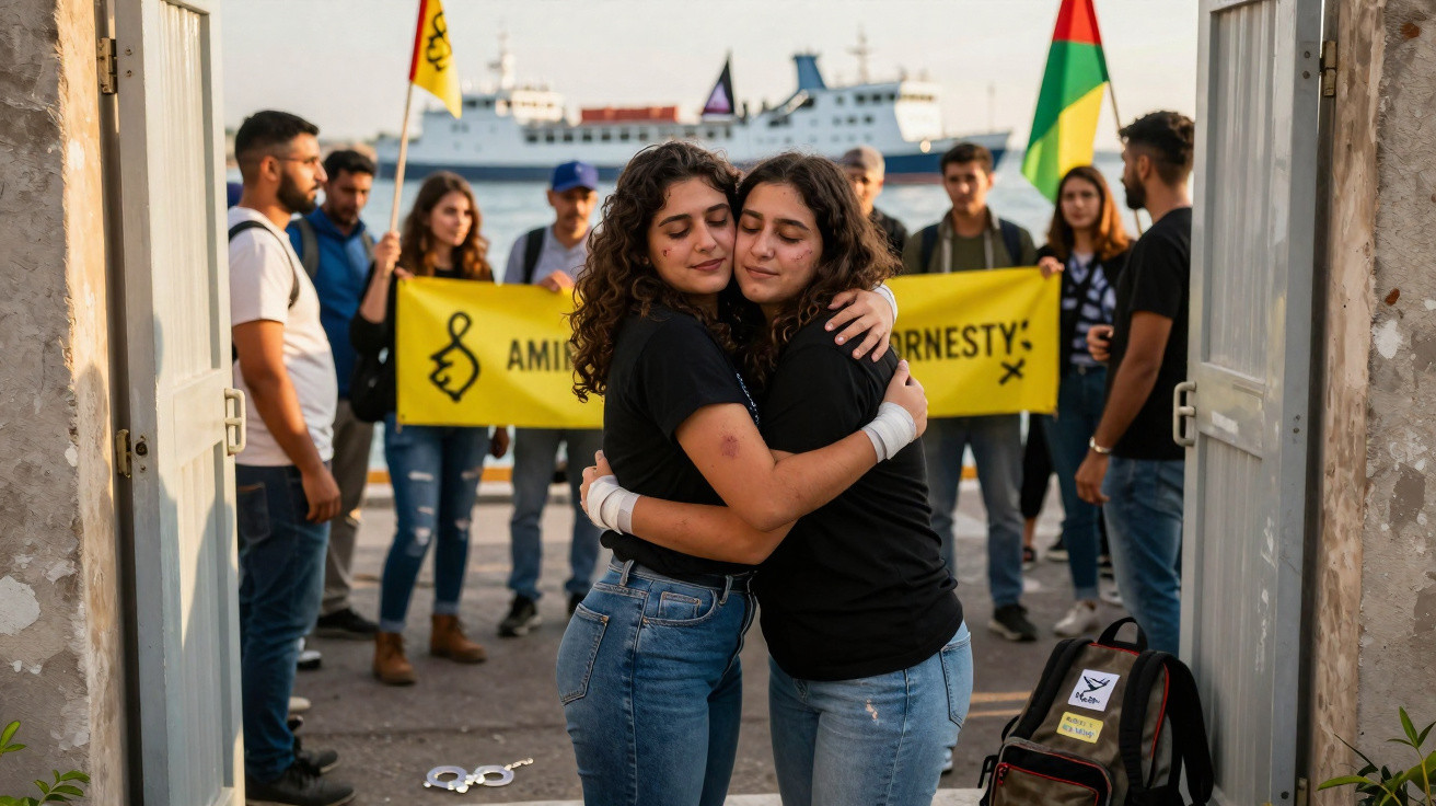 Duas jovens abraçadas em protesto com grupo ao fundo segurando bandeira da Amnesty International junto ao mar.