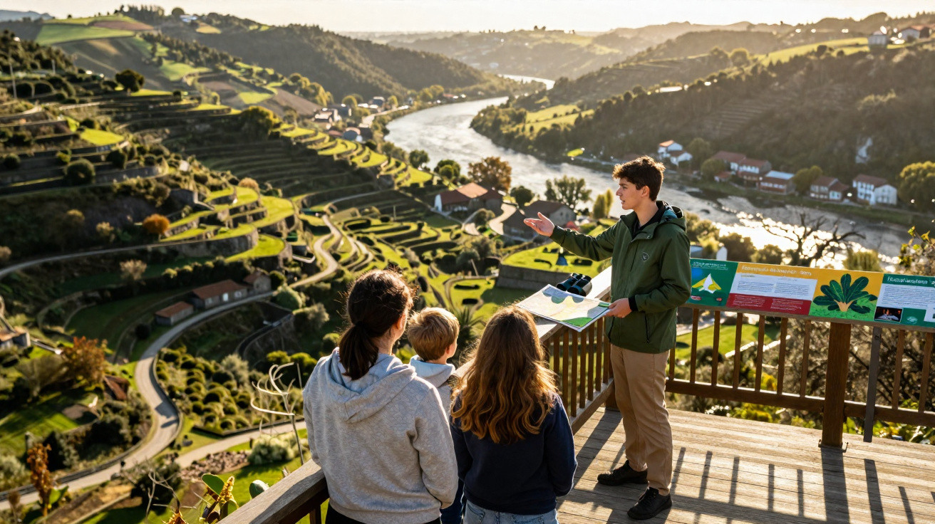 Grupo de pessoas a observar e aprender sobre a paisagem de socalcos junto a um rio, ao fim da tarde.