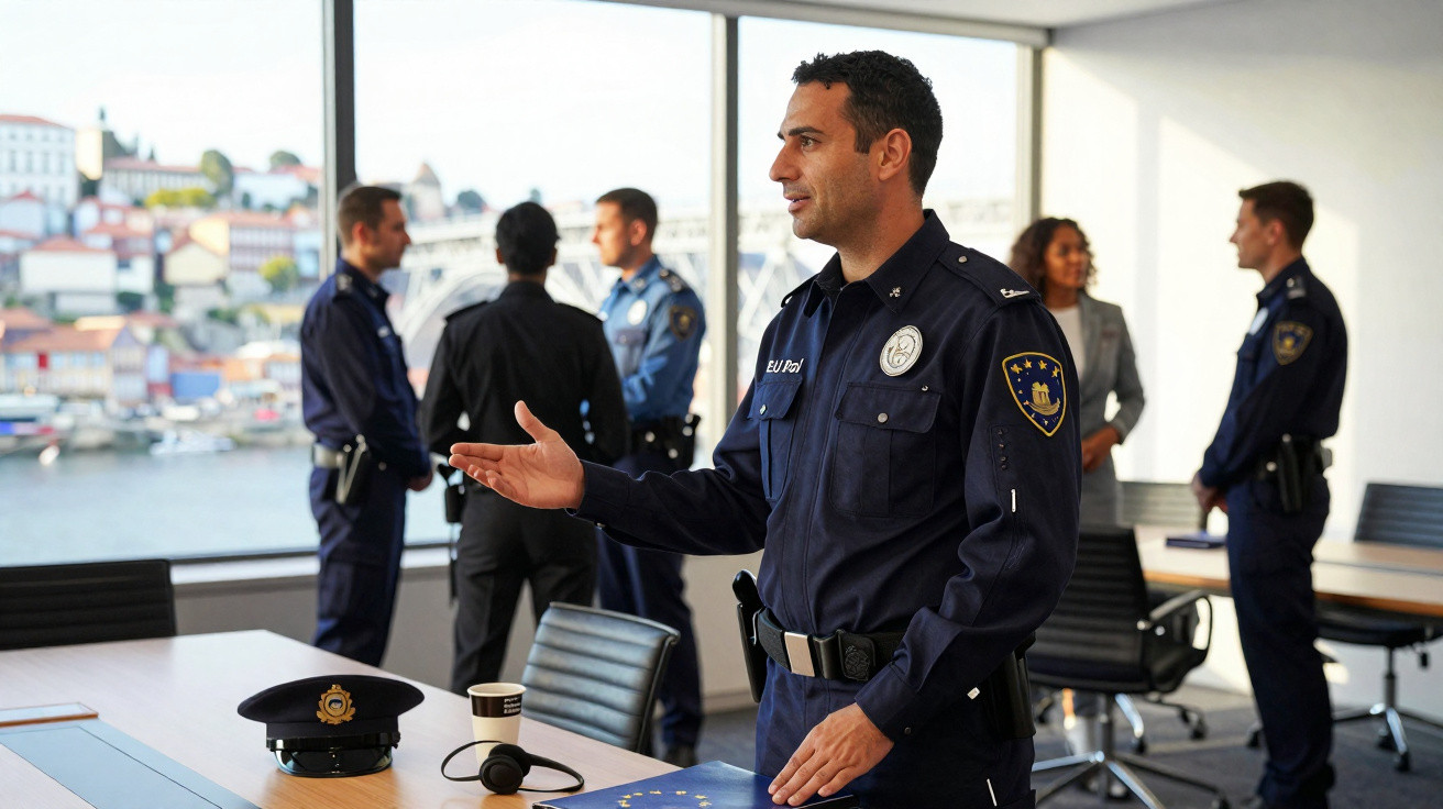 Polícia em uniforme azul a falar numa sala de reuniões iluminada, com vista para rio e cidade ao fundo.