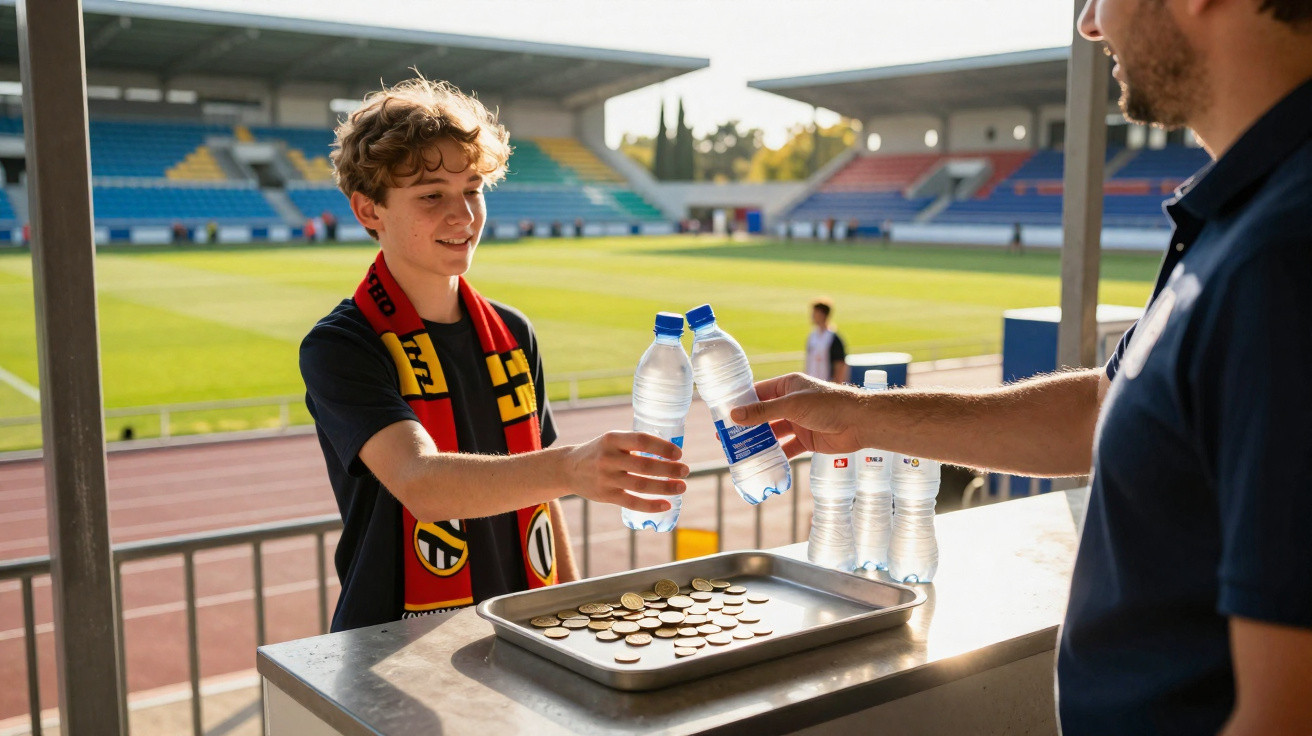 Jovem com cachecol a comprar água numa bancada de estádio desportivo com moedas numa bandeja.
