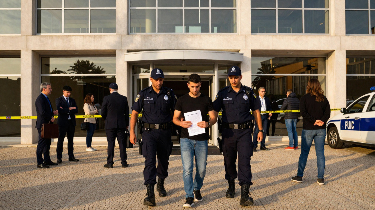 Dois polícias escoltam um homem com documentos em frente a um edifício moderno, com outras pessoas e carro policial ao fundo.