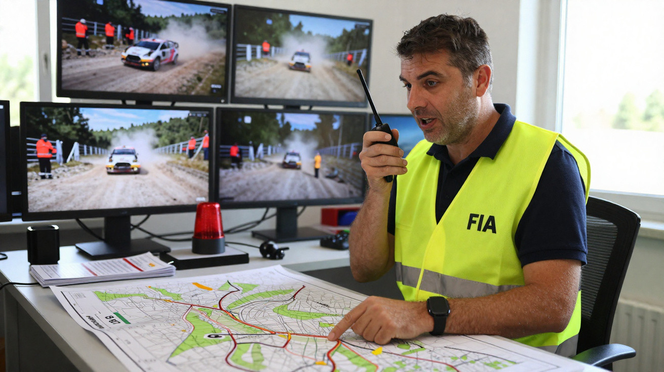 Homem com colete FIA usa rádio enquanto analisa mapa e monitores de corrida de rali em sala de controlo.
