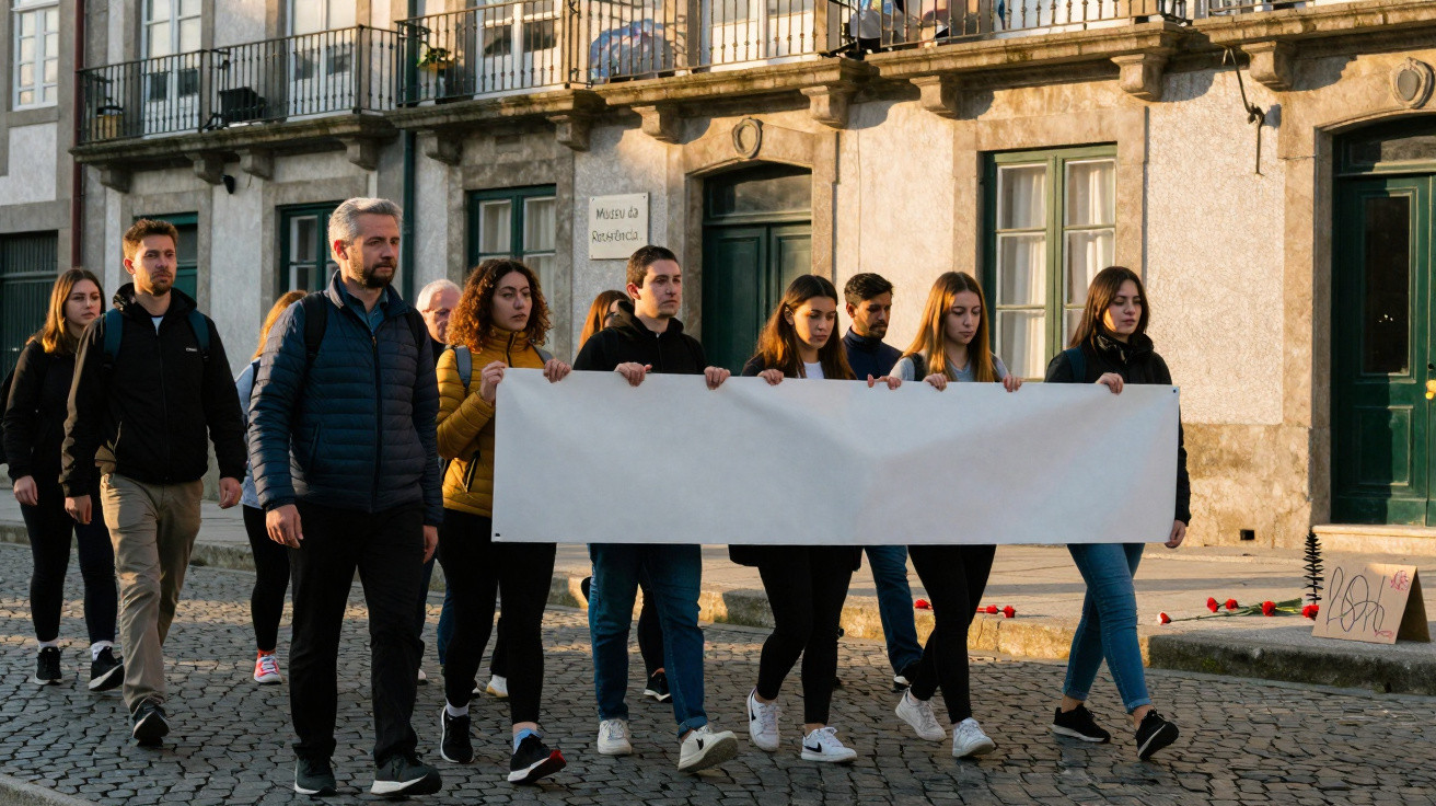 Grupo de pessoas a caminhar numa rua de paralelepípedos segurando uma faixa branca vazia.