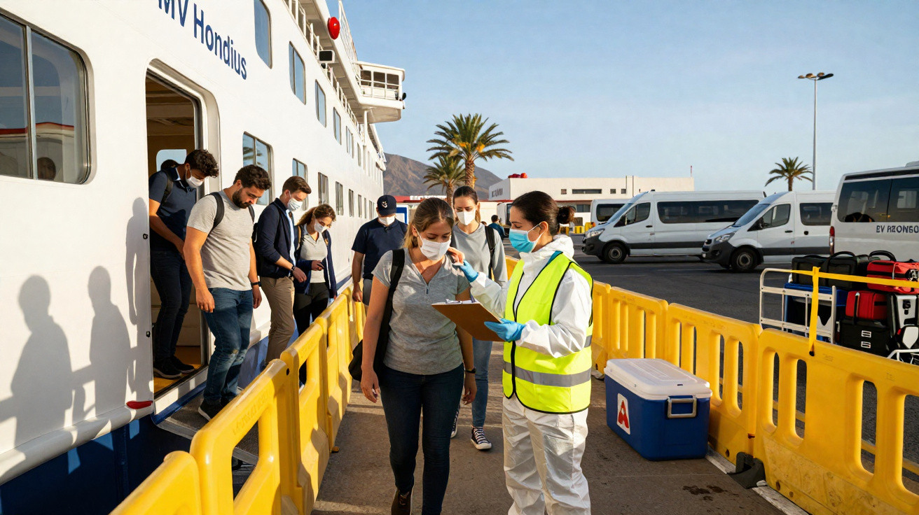 Passageiros a desembarcar de navio com máscara e controlo de saúde por funcionário em equipamento de proteção.