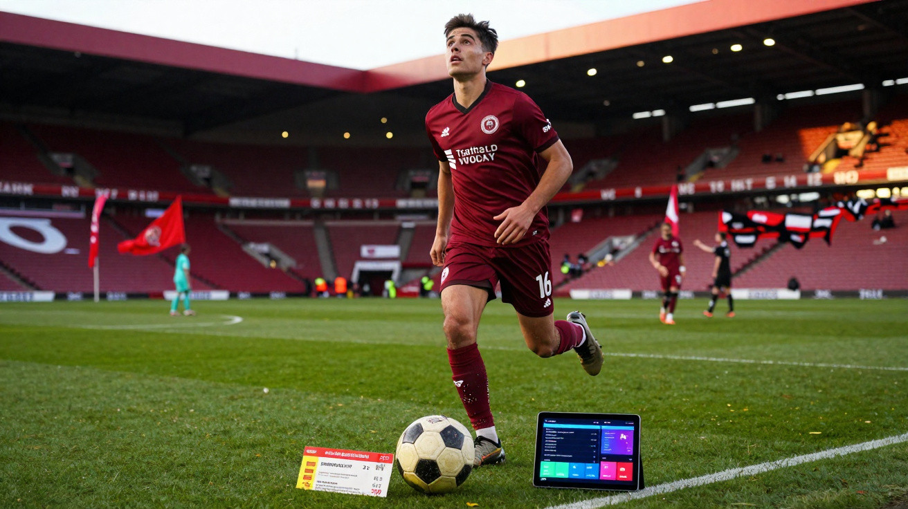 Jogador de futebol com equipamento vermelho pousado junto a bola, bilhete e tablet num estádio vazio.