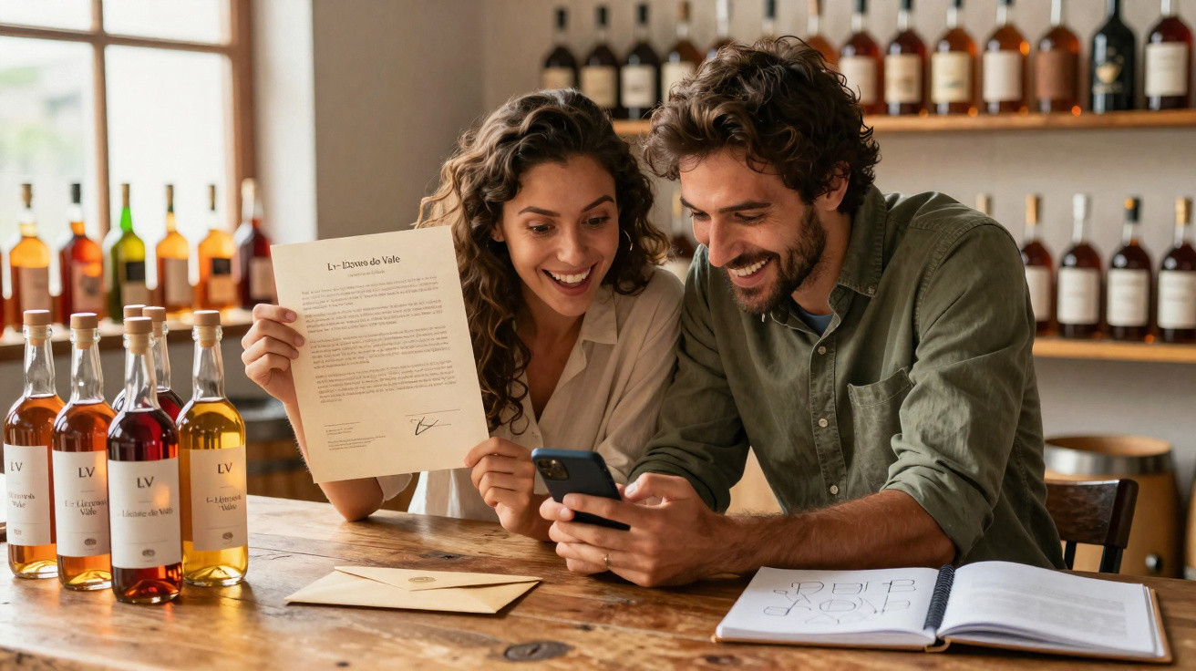 Casal feliz a consultar telemóvel enquanto segura documento numa mesa com várias garrafas de vinho.