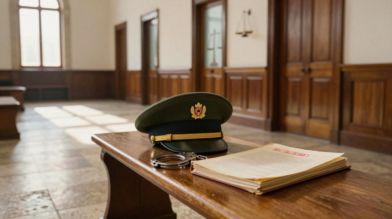 Chapéu militar, algemas e dossier sobre banco de madeira numa sala com painéis e portas em madeira.