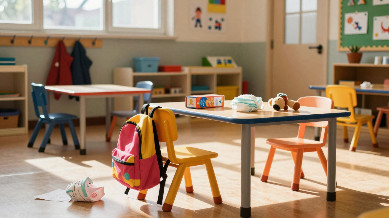 Sala de aula infantil com mesas, cadeiras coloridas, mochila rosa e amarela e brinquedos sobre a mesa.