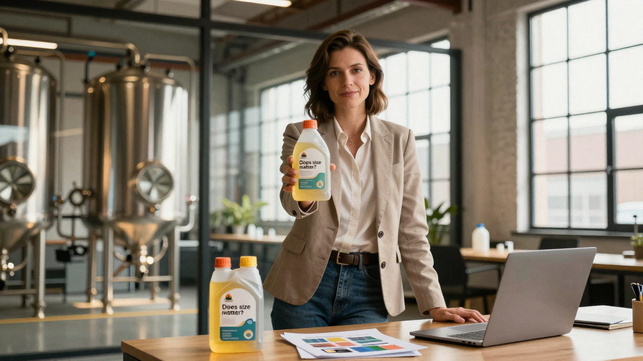 Mulher numa fábrica a apresentar garrafa de produto amarelo com rótulo em inglês, junto de computador e documentos.