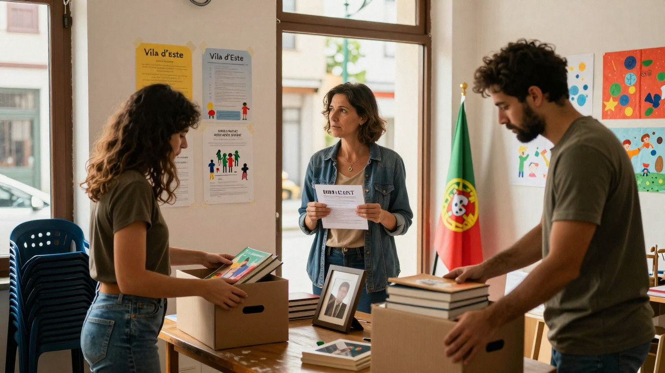 Três pessoas organizam livros em caixas numa sala com bandeira de Portugal e cartazes na parede.