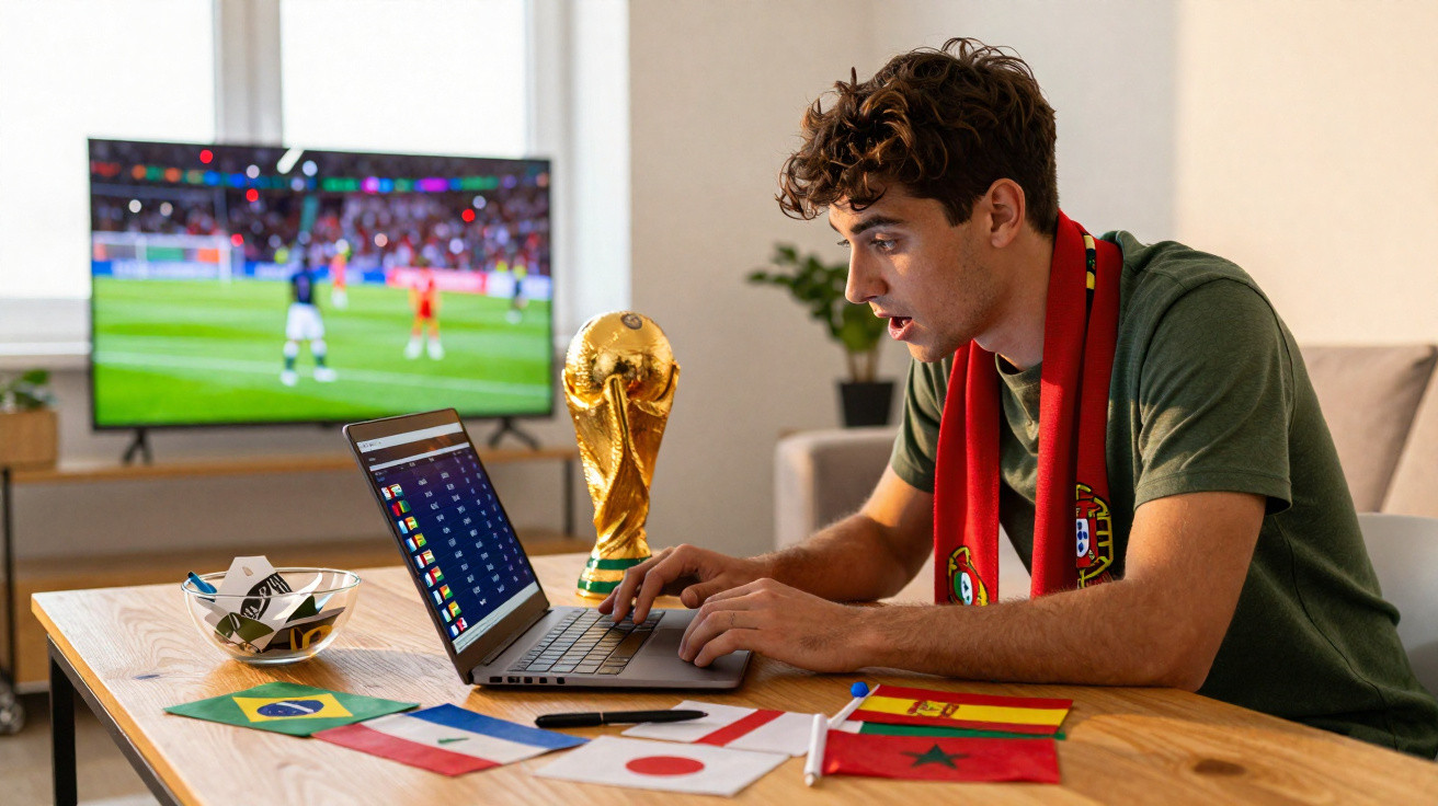 Jovem com cachecol de Portugal acompanha jogo de futebol na TV enquanto aposta online no computador.