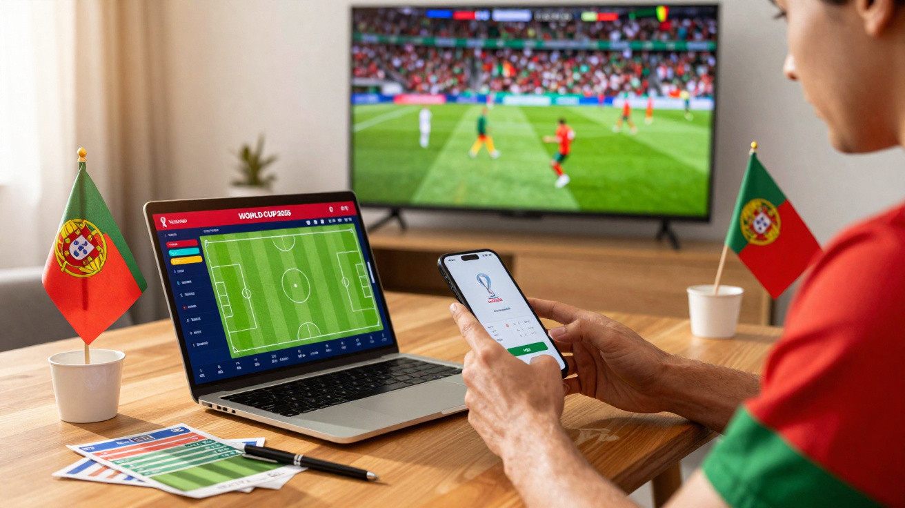 Pessoa a ver jogo de futebol na televisão, com portátil e telemóvel sobre mesa decorada com bandeiras de Portugal.