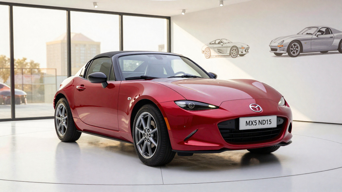 Carro desportivo Mazda MX-5 ND15 vermelho em exposição num espaço minimalista com janelas grandes.