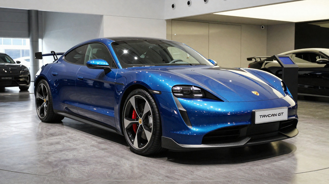 Carro elétrico desportivo Porsche Taycan GT azul exibido em showroom moderno, com design aerodinâmico e jantes desportivas.