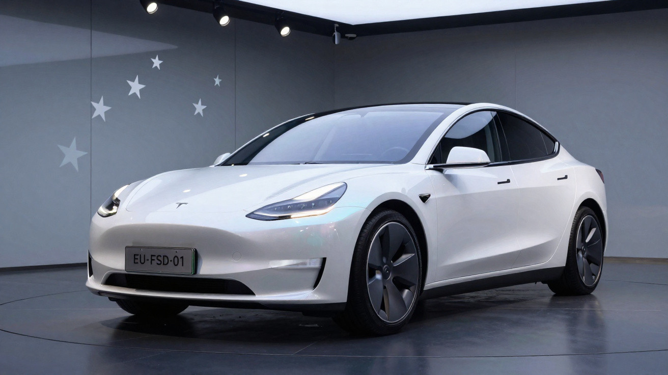 Carro elétrico Tesla Model 3 branco estacionado em sala moderna com iluminação e estrelas na parede.