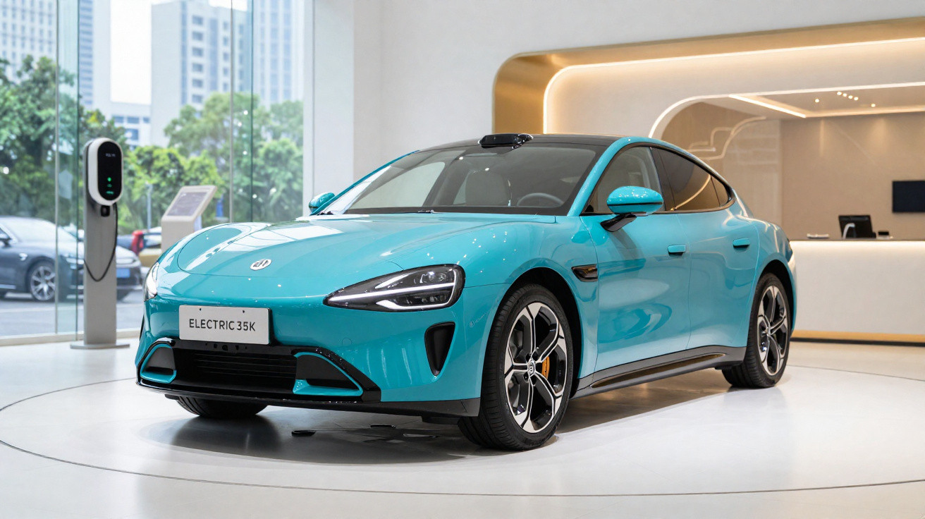 Carro elétrico azul turquesa modelo Electric 35K exposto numa sala moderna com carregador elétrico ao fundo.