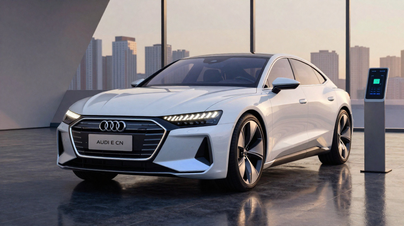 Carro elétrico Audi E Tron branco estacionado em interior moderno com cidade vista através da janela.