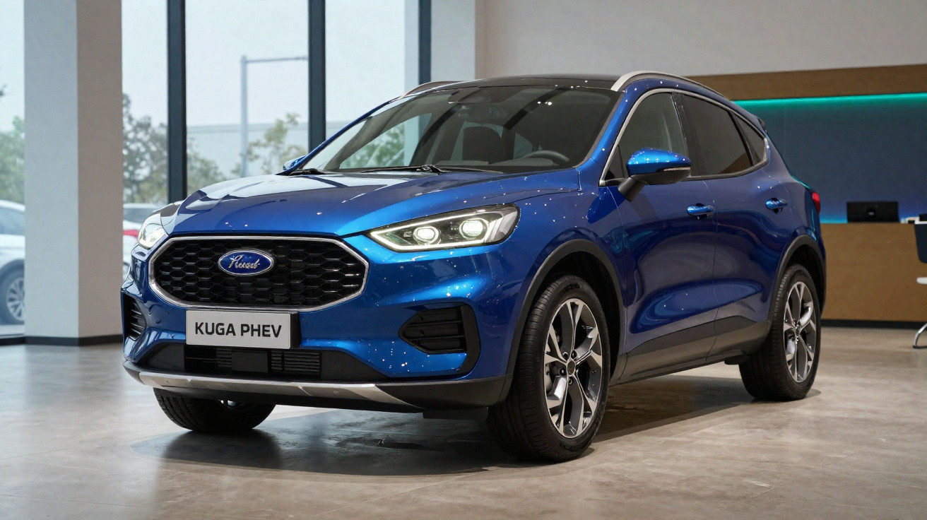 Carro Ford Kuga PHEV azul estacionado dentro de uma sala com chão cinzento e iluminação suave.