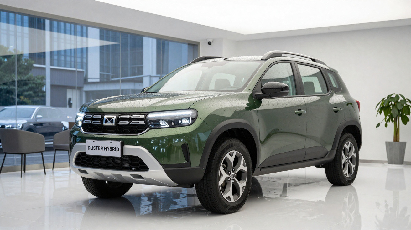 Carro SUV Duster Hybrid verde numa sala de exposição moderna com piso branco e cadeiras.