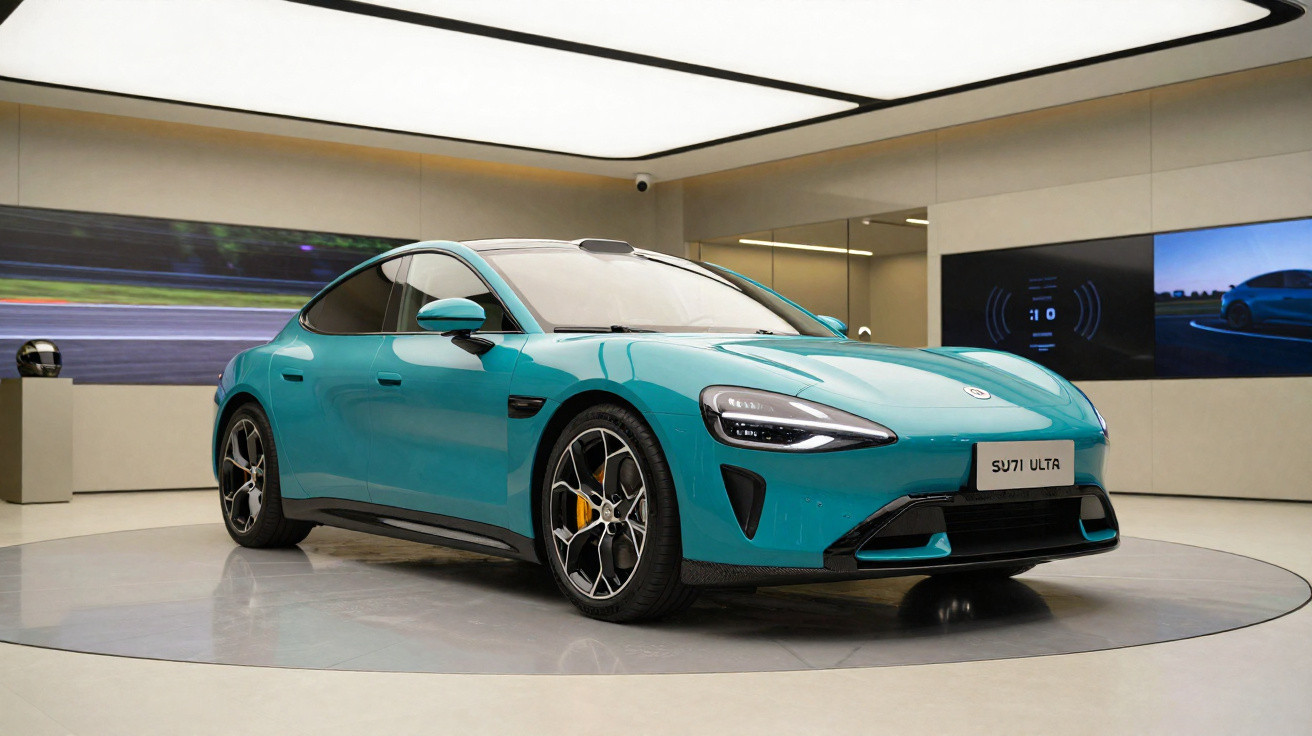 Carro desportivo elétrico azul turquesa num showroom moderno com iluminação ampla e ecrãs digitais.