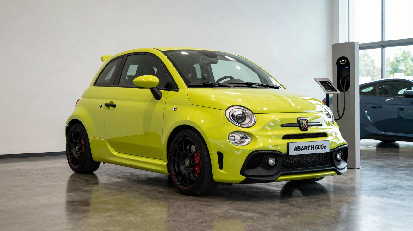 Carro compacto amarelo Abarth 600e em exposição interior junto a posto de carregamento elétrico.