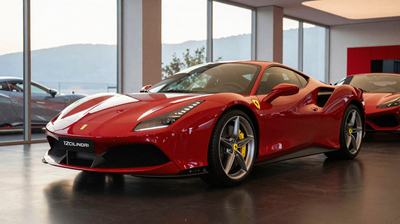 Carro desportivo Ferrari vermelho brilhante estacionado num salão moderno com janelas amplas.
