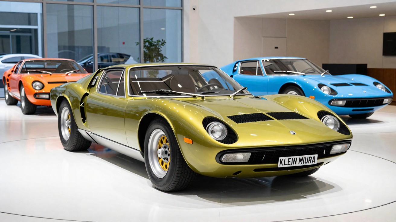 Três Lamborghini Miura clássicos expostos, em verde metálico, azul e laranja, com design desportivo icónico.