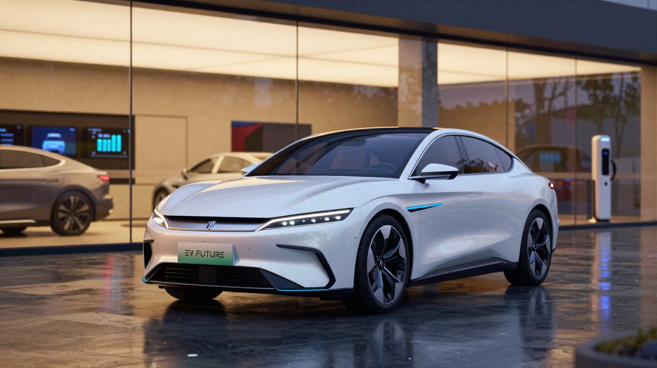 Carro elétrico branco estacionado em frente a um edifício com vidros e posto de recarga.