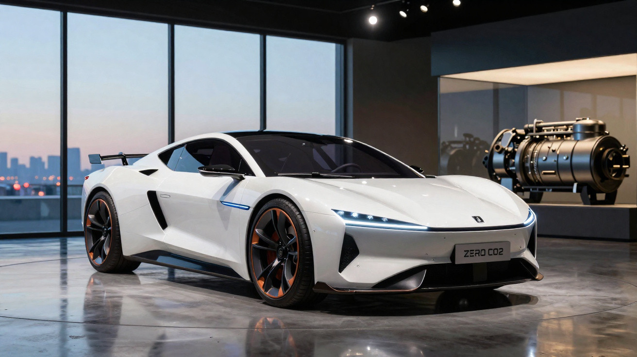 Carro desportivo branco futurista com rodas pretas e detalhes laranja em exposição numa sala moderna.