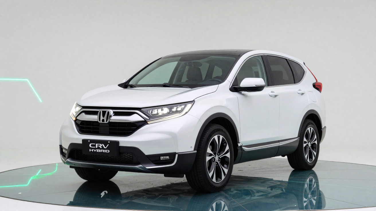 Automóvel Honda CR-V híbrido branco visto de frente e lado direito em fundo cinza.