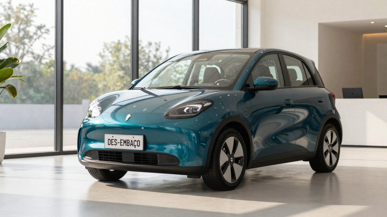 Carro elétrico compacto azul estacionado em espaço interior luminoso junto a uma planta e janelas grandes.