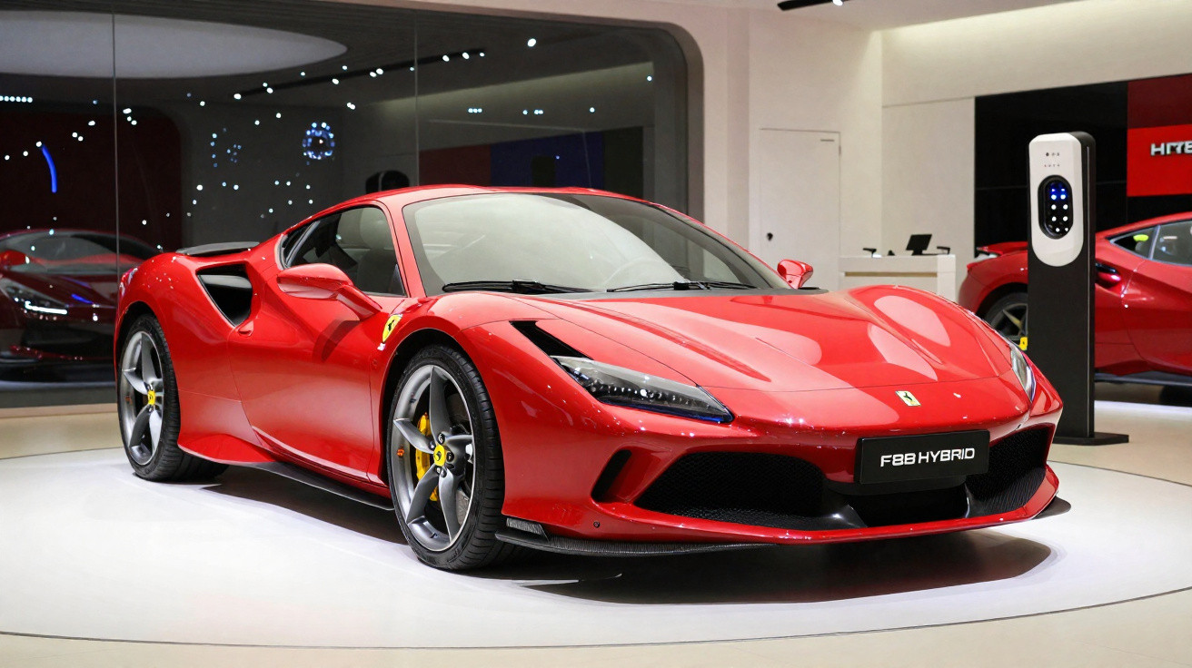 Carro desportivo vermelho Ferrari F8 Hybrid exposto em ambiente interior moderno.