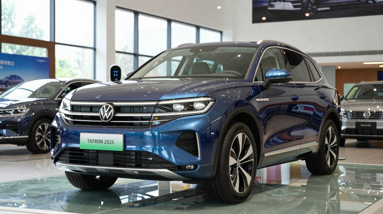 Volkswagen Tayron 2025 azul exibido em sala de exposição com luz natural e outros carros ao fundo.