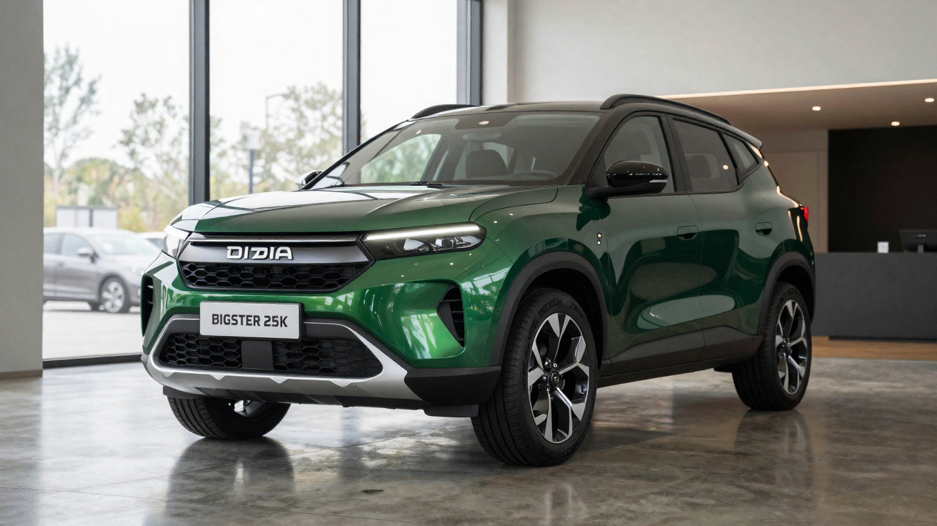 Carro SUV verde metálico Didia Bigster 25K estacionado em interior moderno com piso de cimento polido.