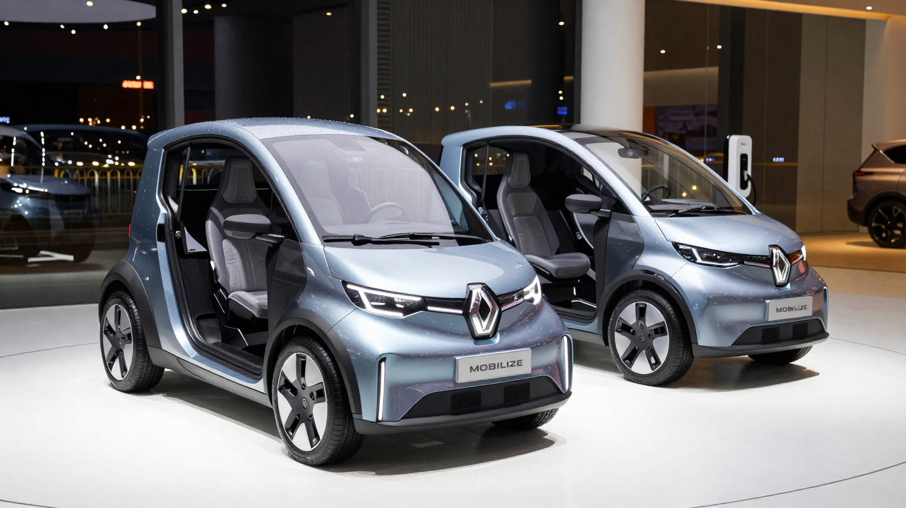 Dois carros elétricos Renault Mobilize prata em exposição, com portas dianteiras abertas num salão moderno.