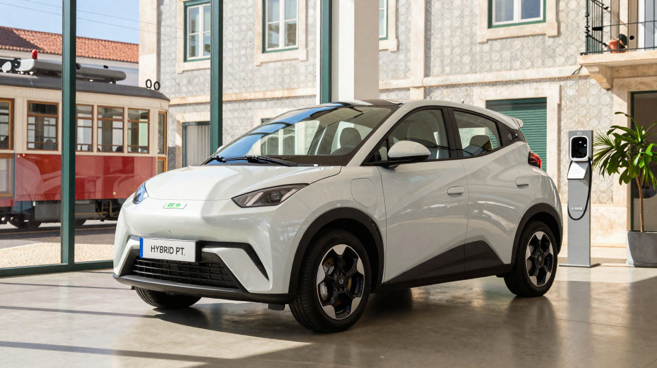 Carro elétrico branco estacionado ao lado de posto de carregamento em ambiente urbano com elétrico e prédio ao fundo.
