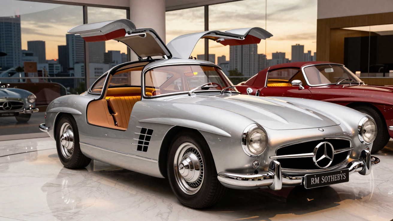 Carro clássico Mercedes-Benz prata com portas de abertura asa de gaivota em exposição interna de automóveis vintage.