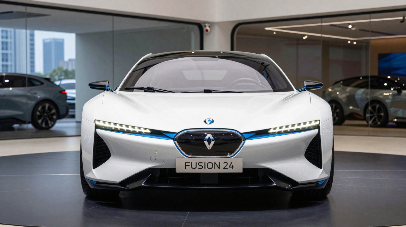 Carro elétrico Renault Fusion 24 branco com faróis LED exposto num salão moderno.