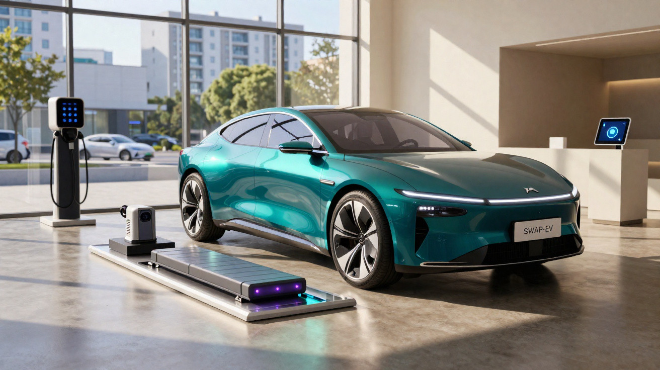 Carro elétrico moderno azul num espaço interior com estação de carregamento e equipamento para troca de bateria.