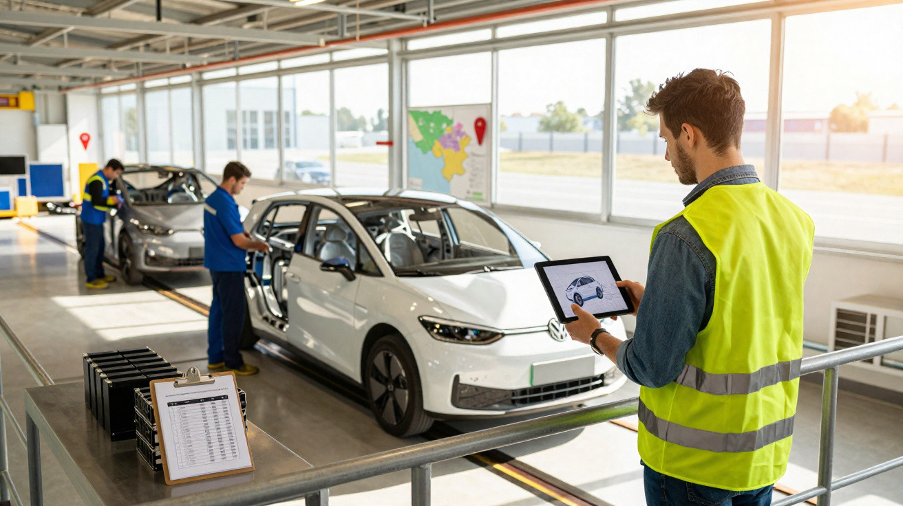 Homem com colete amarelo usa tablet para inspeção de carros elétricos brancos numa linha de montagem moderna.