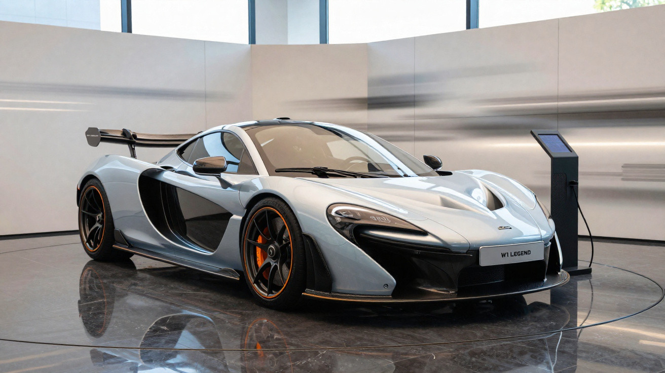 Carro desportivo cinza McLaren P1 Legend em exposição num showroom moderno com pavimento reflexivo.
