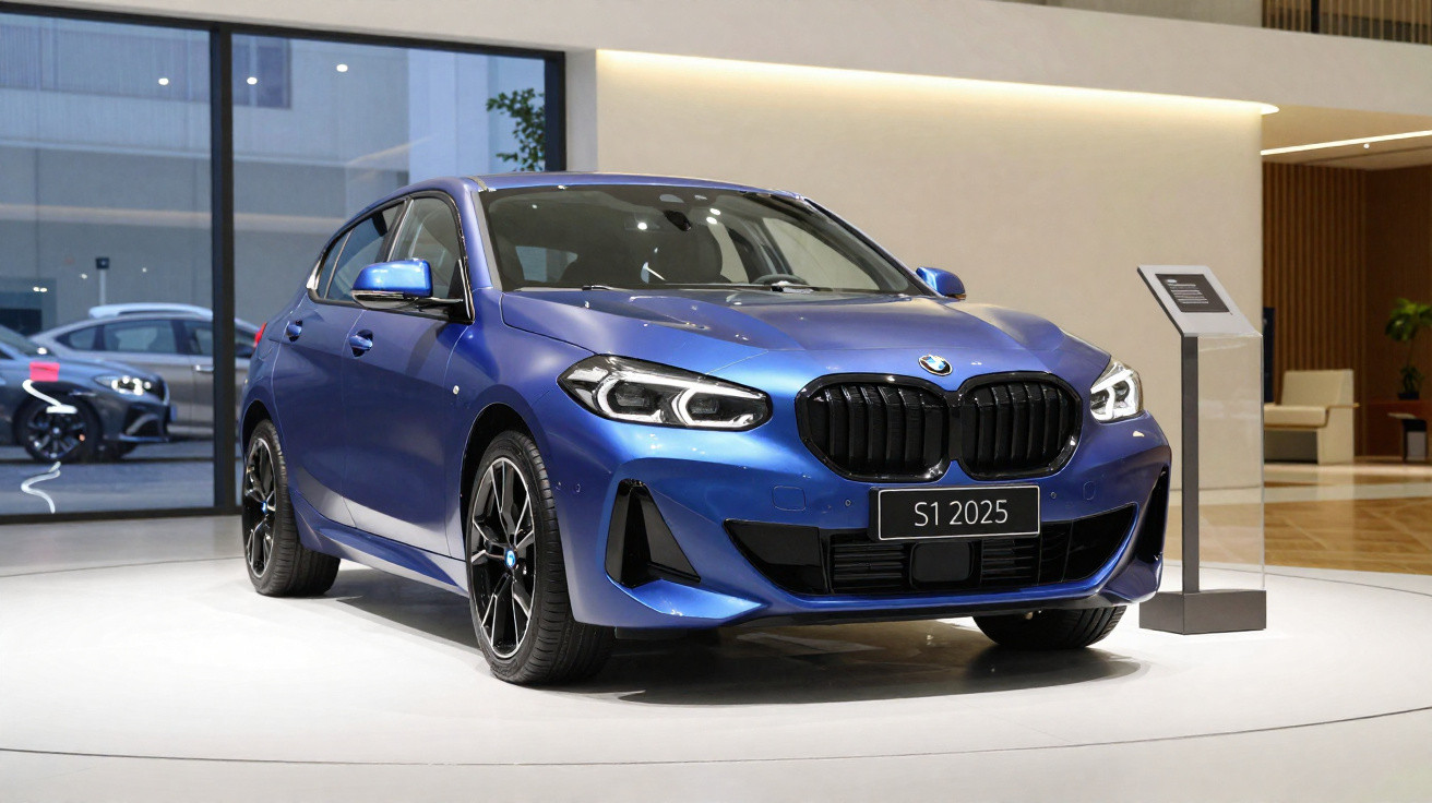 Automóvel BMW azul modelo S1 2025 exposto em stand moderno com iluminação interior.